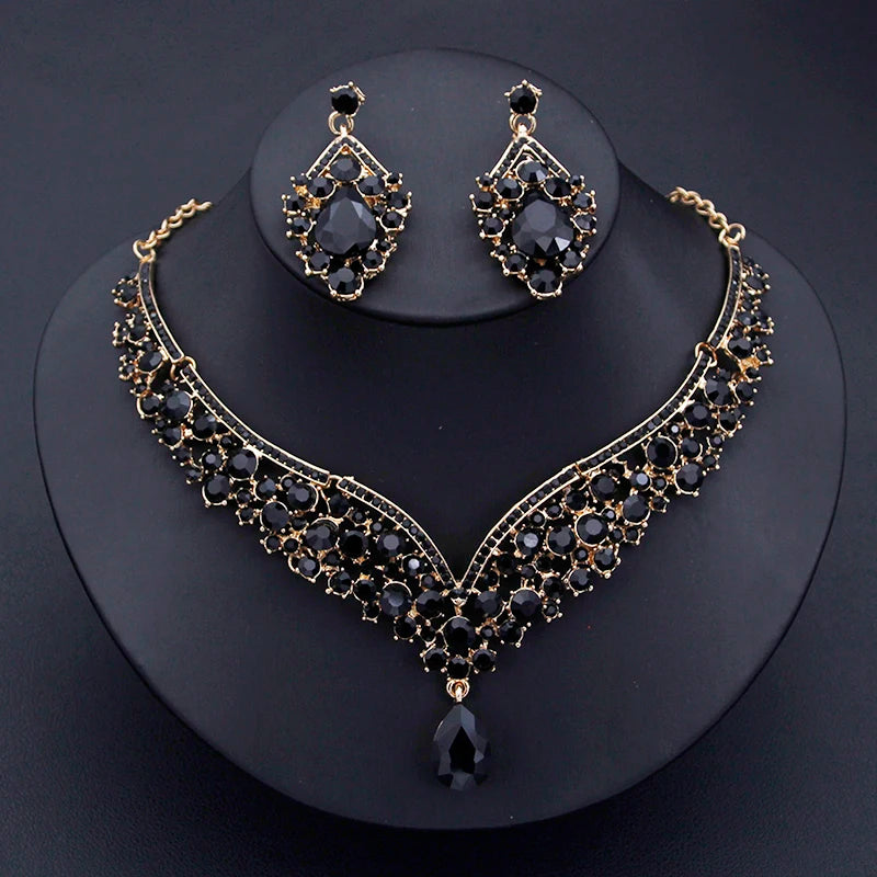 Champagne Colors Bridal Earrings Necklace Set Water Drop Rhinestones Crystal Adjustable Dubai Jewelry Set for Wedding Bride