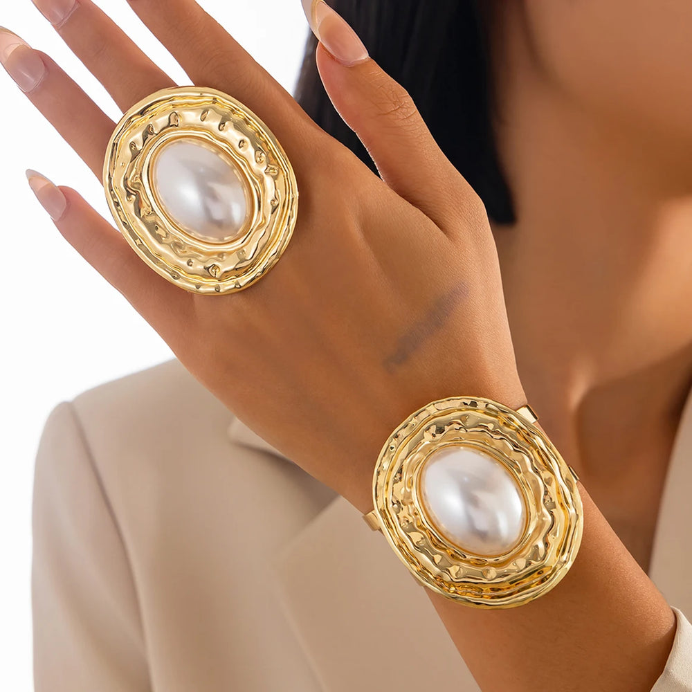 2Pcs/Set Exaggerated Circle Chunky Adjustable Open Cuff Bangles Imitation Pearl Rings for Women Grunge Jewelry Set Gift