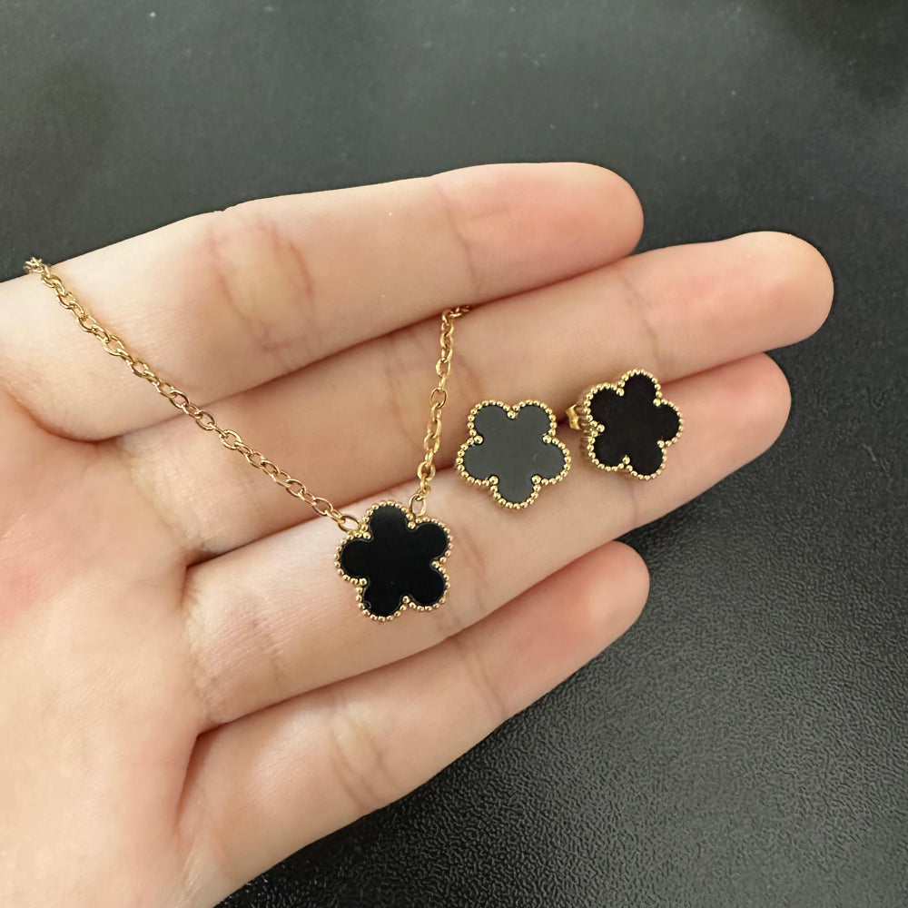 2pcs/Set Flower Stainless Steel Pendant Necklace Earrings For Women Trending New In Fashion Jewelry Set Accessories Clover