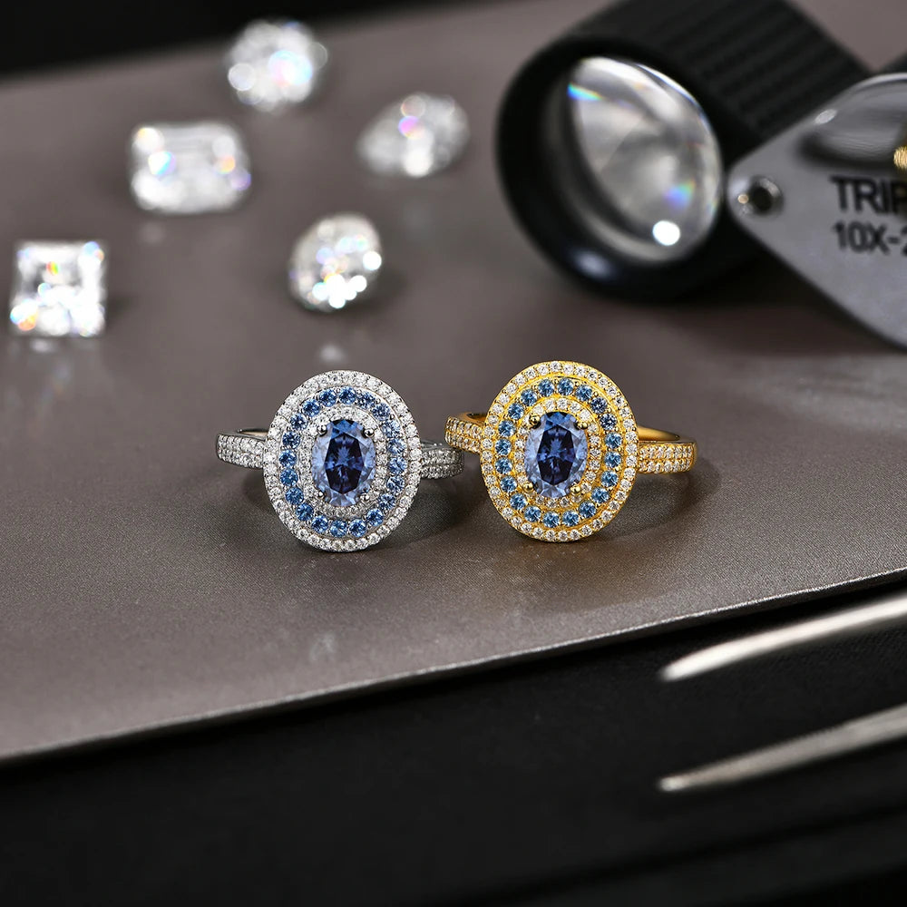 1CT Oval Cut Blue Moissanite Rings for Women Real S925 Sterling Silver Ethnic Engagement Christmas Gift With Certified
