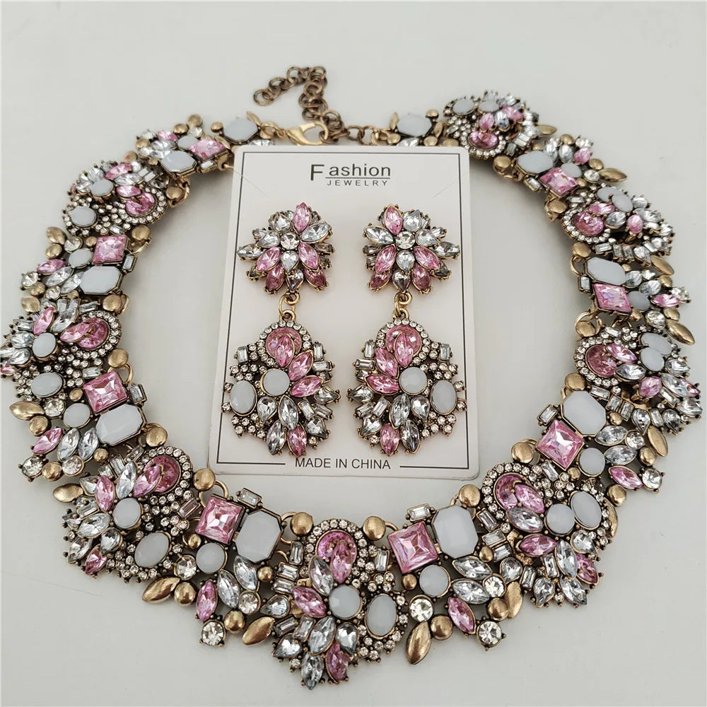 2025 New Fashion Crystal Rhinestones Large Collar Choker Necklace Earrings Women Jewelry Sets Indian Statement Wedding Necklace