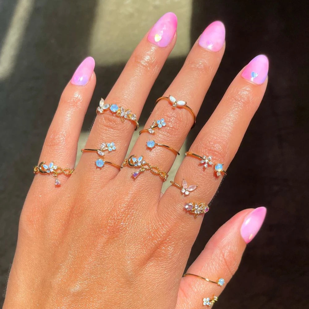 18K Gold Plated Simple Blue CZ Cute Flower Zircon Rings For Women Girls Teens Open Ring Fashion Aesthetic Jewelry