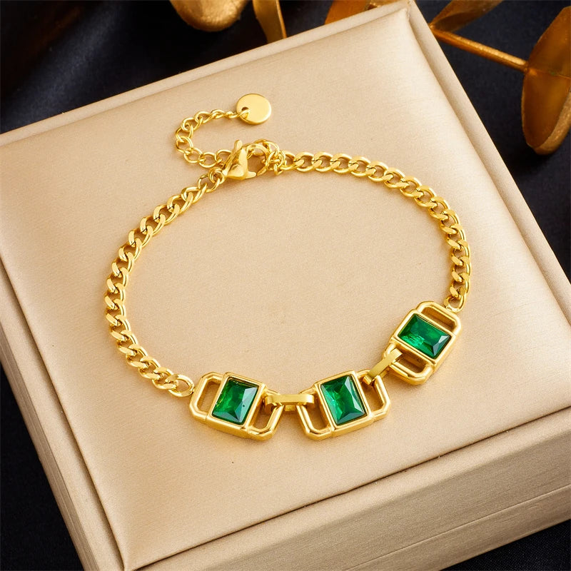  316L Stainless Steel Geometric Green White Stone Bracelet For Women Girl Fashion Wrist Chain Bangles Jewelry Lady Gift