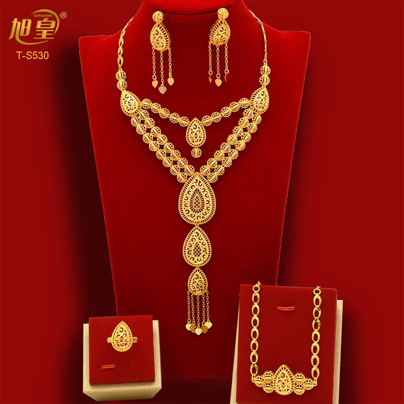 African Big Luxury 4PCS Dubai Gold Color Jewelry Necklace Sets For Women Bridal Wedding Sets 2024 Trend Jewellery Gifts