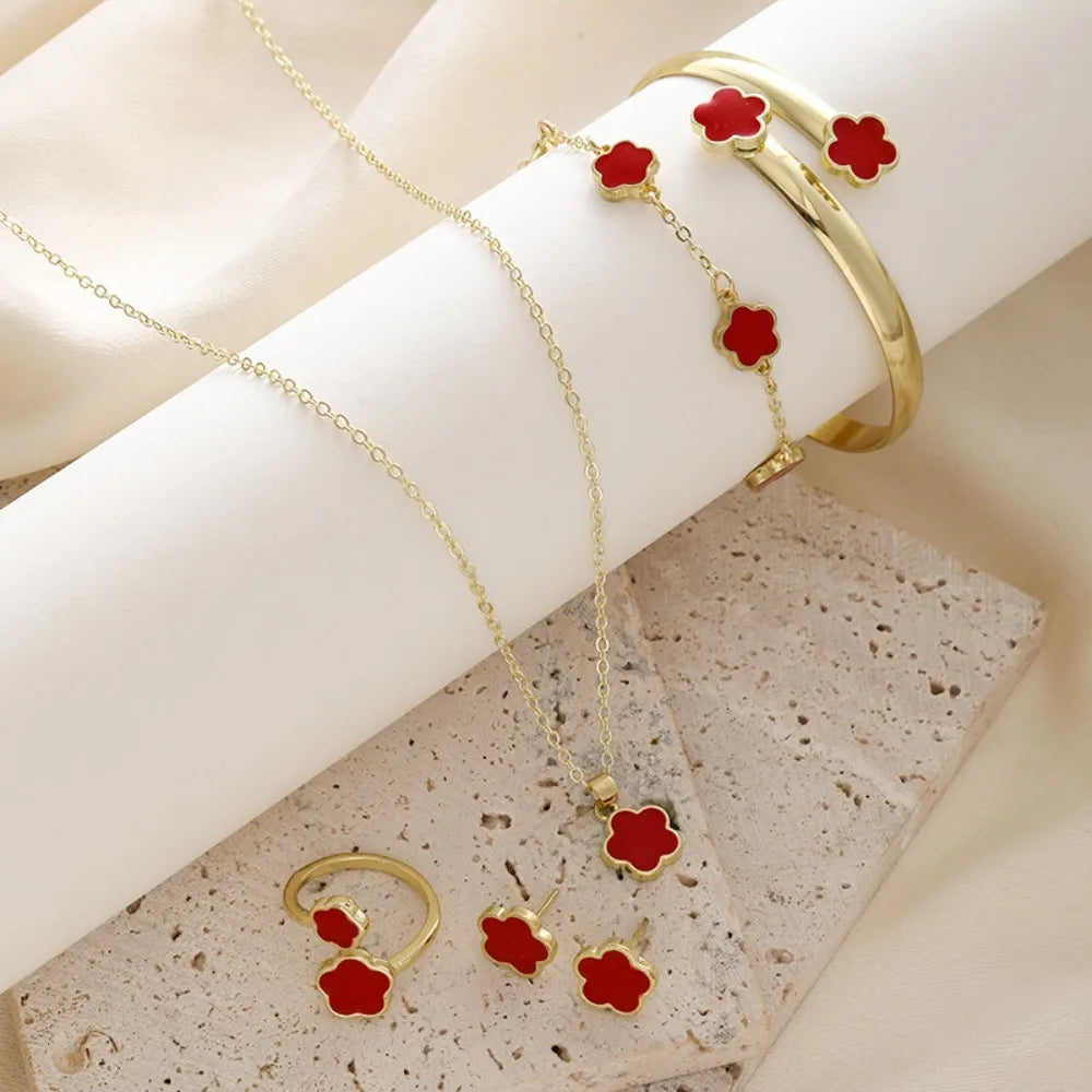 1 Set Fashion Alloy Jewelry Set Female Plum Blossom Five Leaf Flower Earing Girls Bracelet Adjustable Women's Girl Necklace