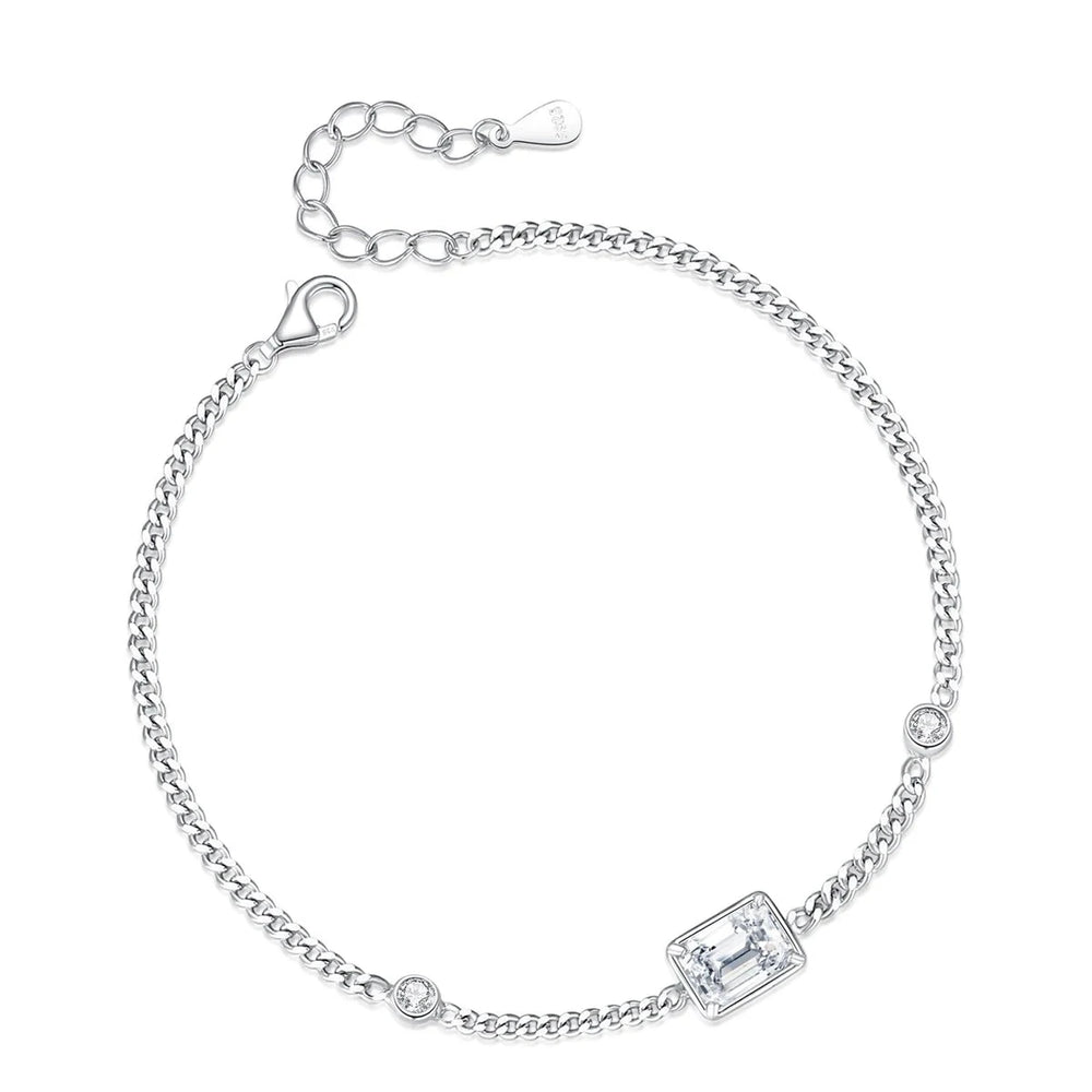 Chain Link Bracelet Moissanite 1CT Emerald Cut Real 925 Sterling Silver Women Luxury Trendy Hand Bracelets Jewelry
