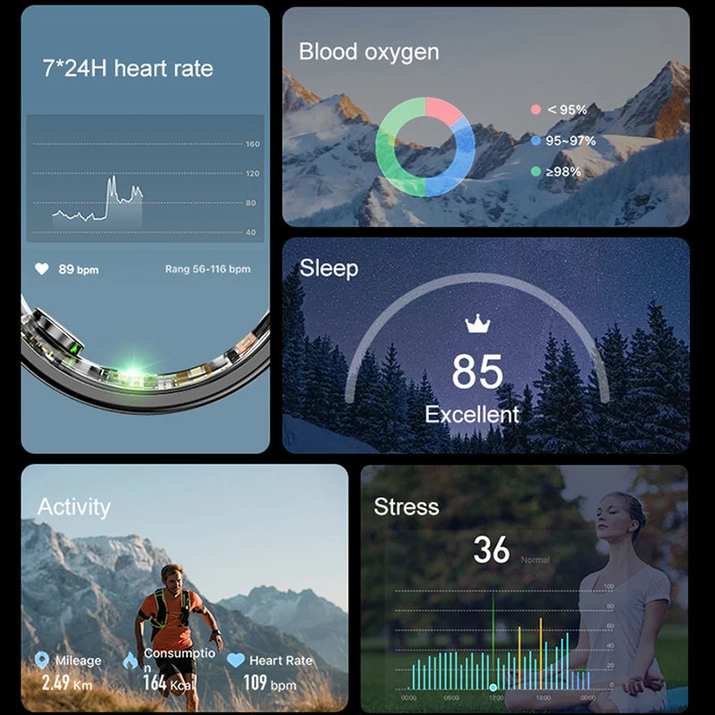 2024 Smart Ring Men Women IP68 Waterproof Heart Rate Blood Oxygen Sleep Health Monitor Sport Fitness Health Ring for Android IOS
