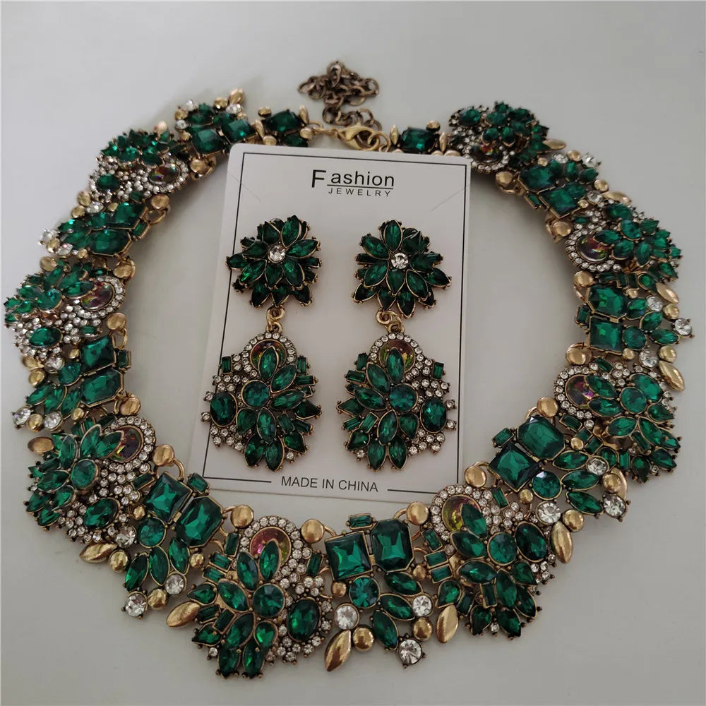 2025 New Fashion Crystal Rhinestones Large Collar Choker Necklace Earrings Women Jewelry Sets Indian Statement Wedding Necklace