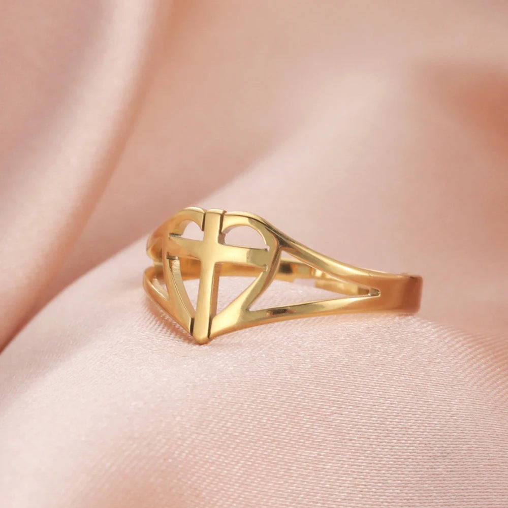 2025 Jesus Cross Rings for Women Stainless Steel Gold Color Open Finger Ring Christian New Fashion Jewelry Party Gift