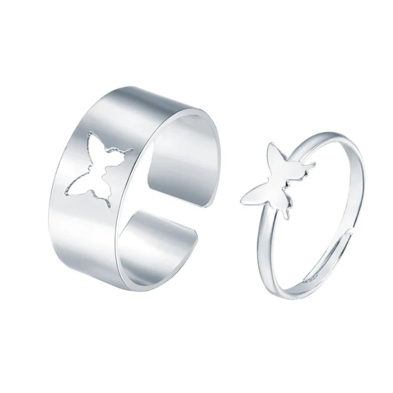 Silver Color Butterfly Rings For Women Men Lover Couple Ring Set Friendship Engagement Wedding Band Open Ring 2024 Trend Jewelry