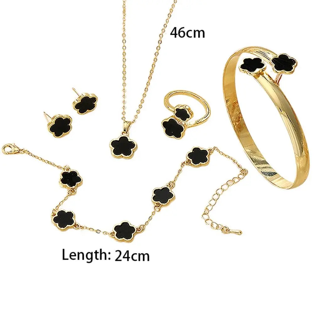 1 Set Fashion Alloy Jewelry Set Female Plum Blossom Five Leaf Flower Earing Girls Bracelet Adjustable Women's Girl Necklace