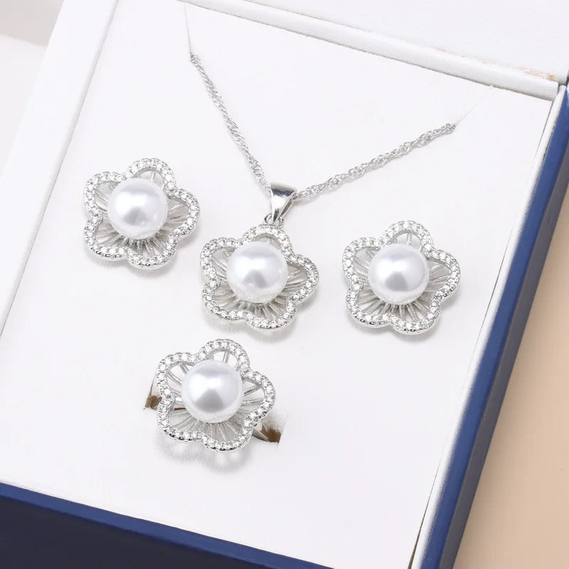 Geneuin 925 Silver Flower Bridal Jewelry Sets Pearl Fashion Jewelry Women Girls Engagement Anniversary Fine Gift