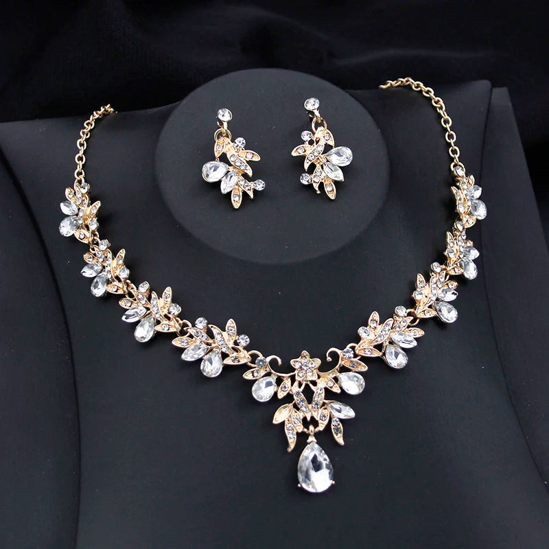 Exquisite 2 pcs set Flower Pink AB crystal bridal wedding jewelry sets for women dangle earrings and necklace sets Blue Green
