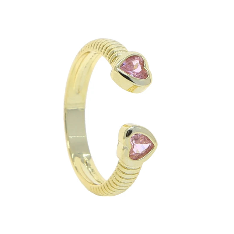2025 Valentine's Day Fashion Gift Jewelry Gold Plated Pink Red Purple Green Heart Shaped CZ Open Finger Ring