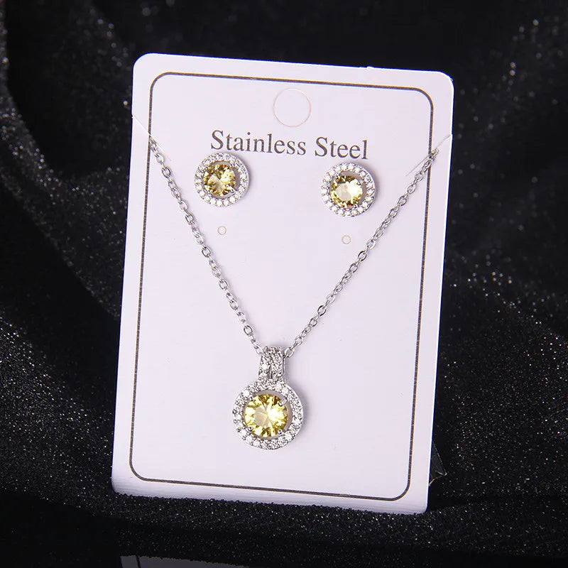 High Grade Round Zircon Jewelry Set Trendy Popular Stainless Steel Pendant Necklace Stud Earrings Party Gifts For Women Girls