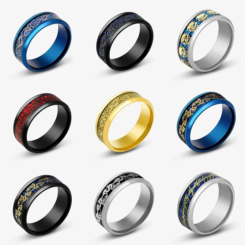 2025 Fashion Men Stainless Steel Celtic Dragon Ring Inlaid Red Blue Carbon Fiber Rings Wedding Band Jewelry 8MM Bague Homme