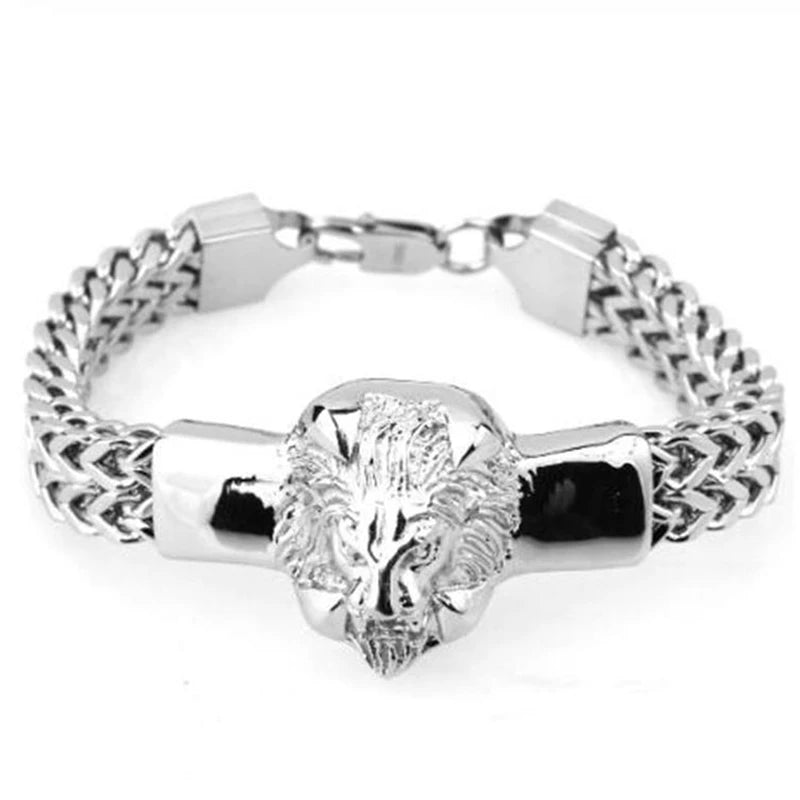 Domineering Alloy Lion Head Bracelet Men Stainless Steel Gold Color Franco Link Chain Luxury Man Bracelet Gift