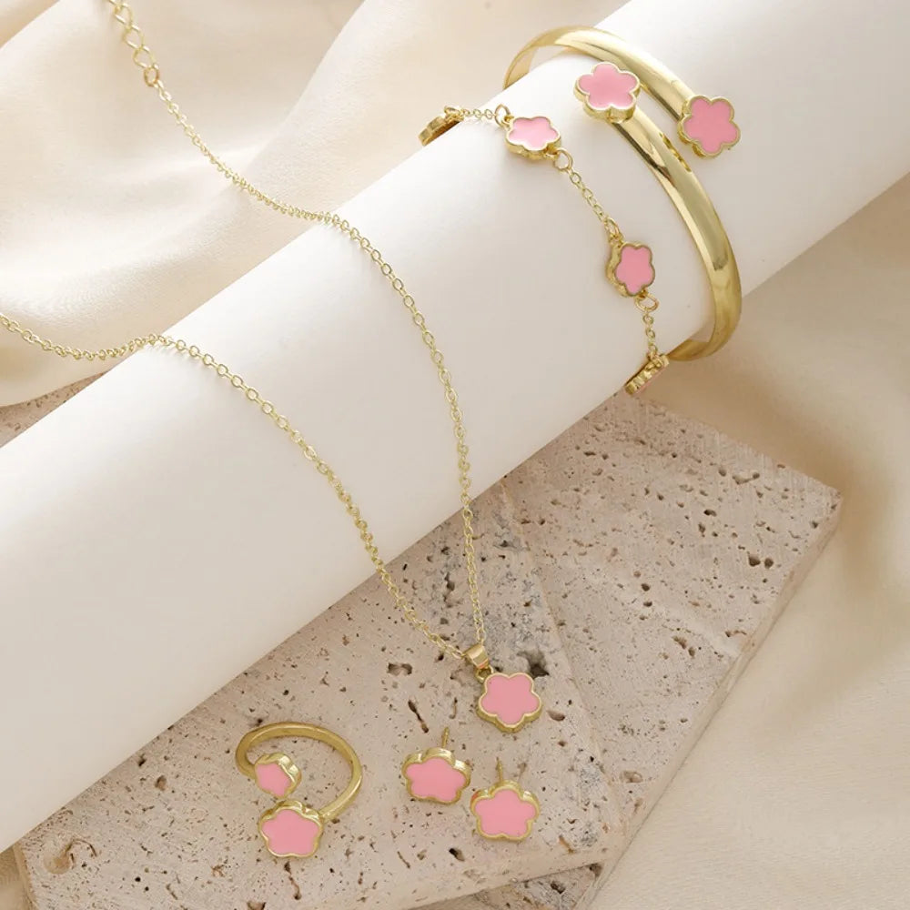 1 Set Fashion Alloy Jewelry Set Female Plum Blossom Five Leaf Flower Earing Girls Bracelet Adjustable Women's Girl Necklace