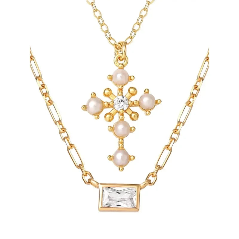 Gold Plated Sterling Silver CZ and Pearl Cross Layering Necklace Set