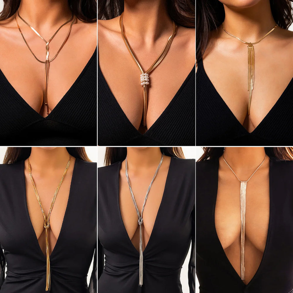Adjustable Flat Snake Long Chain Necklace for Women Wed Temperament Weave Link Choker Chest Neck Jewelry Gift New
