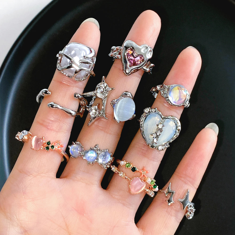 Crystal Heart Rings Set For Women Girls Vintage Silver Color Irregular Rings Fashion Zircon Rings Party Jewelry Gifts