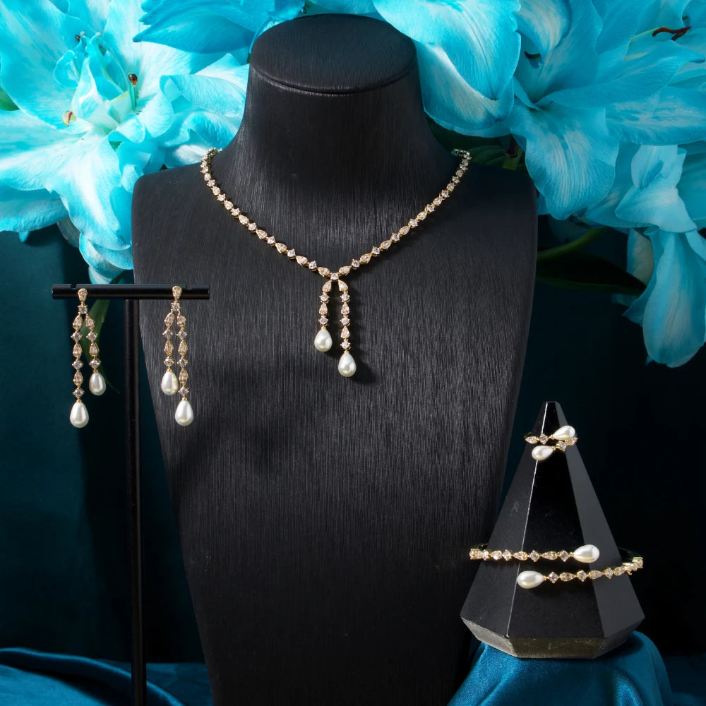 Pearl JewelrySets for Women Cubic Zircon Set Full Jewellery Woman Saudi Arabia Wedding Party Dress Suit Accessory
