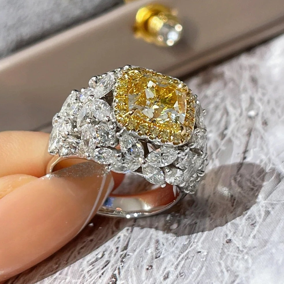 Adjustable Big Bling Yellow Zircon Stone Silver Ring