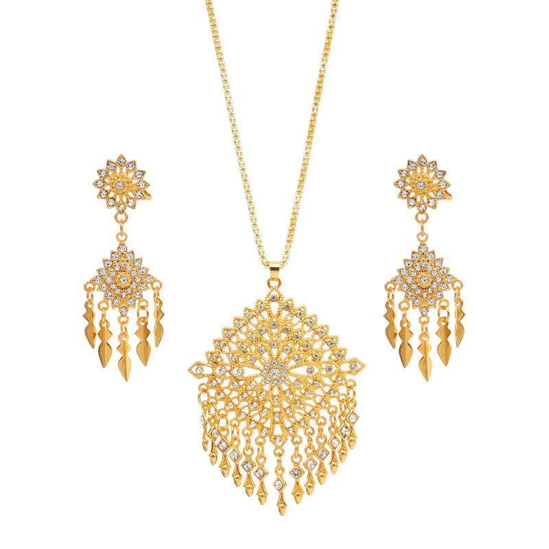 Thailand Women Necklace Set Ethnic Alloy Tassel Rhinestones Drop Dangle Earring Sets Bohemian Pendant Jewelry Sets Feminina