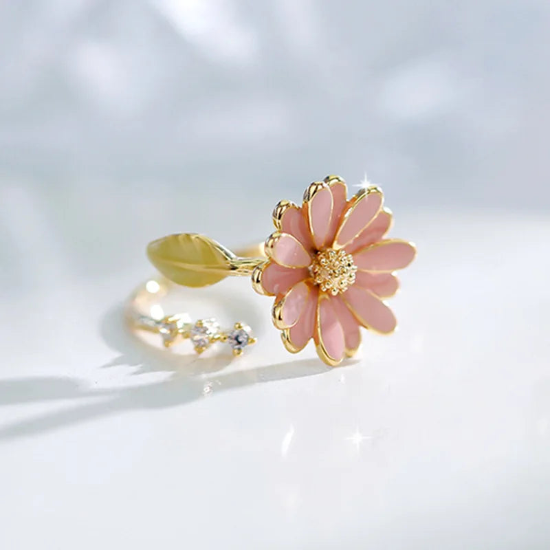 1 Pc Fashion Exquisite Flower Daisy Luxury Plant Opening Leaf Copper Gold Color Adjustable Ring Women Daily Party Gift Jewelry