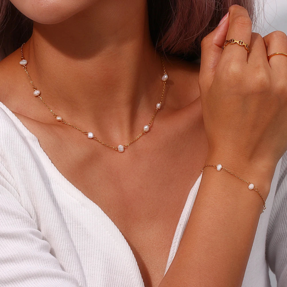Anti-allergy Stainless Steel Chain Freshwater Pearl Chain Necklace Bracelets For Women Gold Plated Jewelry Set