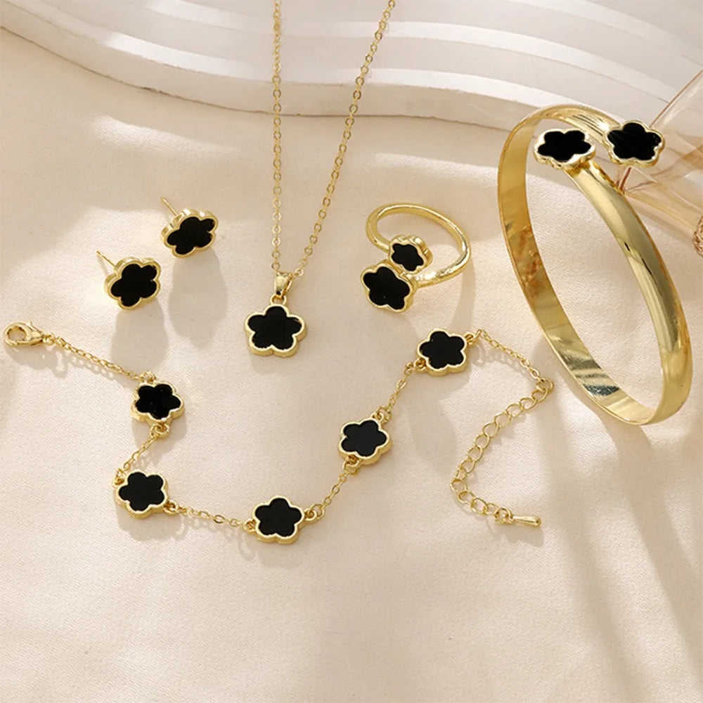 1 Set Fashion Alloy Jewelry Set Female Plum Blossom Five Leaf Flower Earing Girls Bracelet Adjustable Women's Girl Necklace
