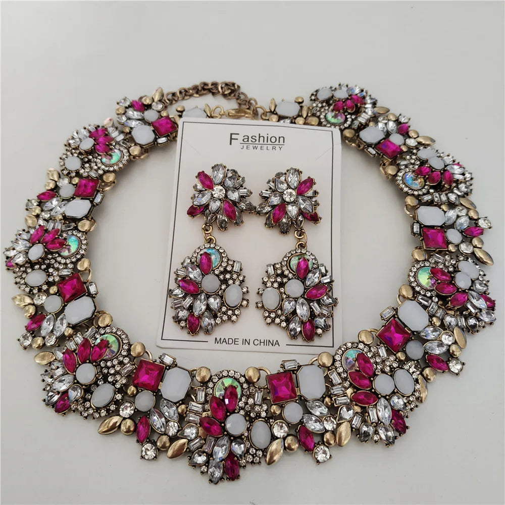 2025 New Fashion Crystal Rhinestones Large Collar Choker Necklace Earrings Women Jewelry Sets Indian Statement Wedding Necklace