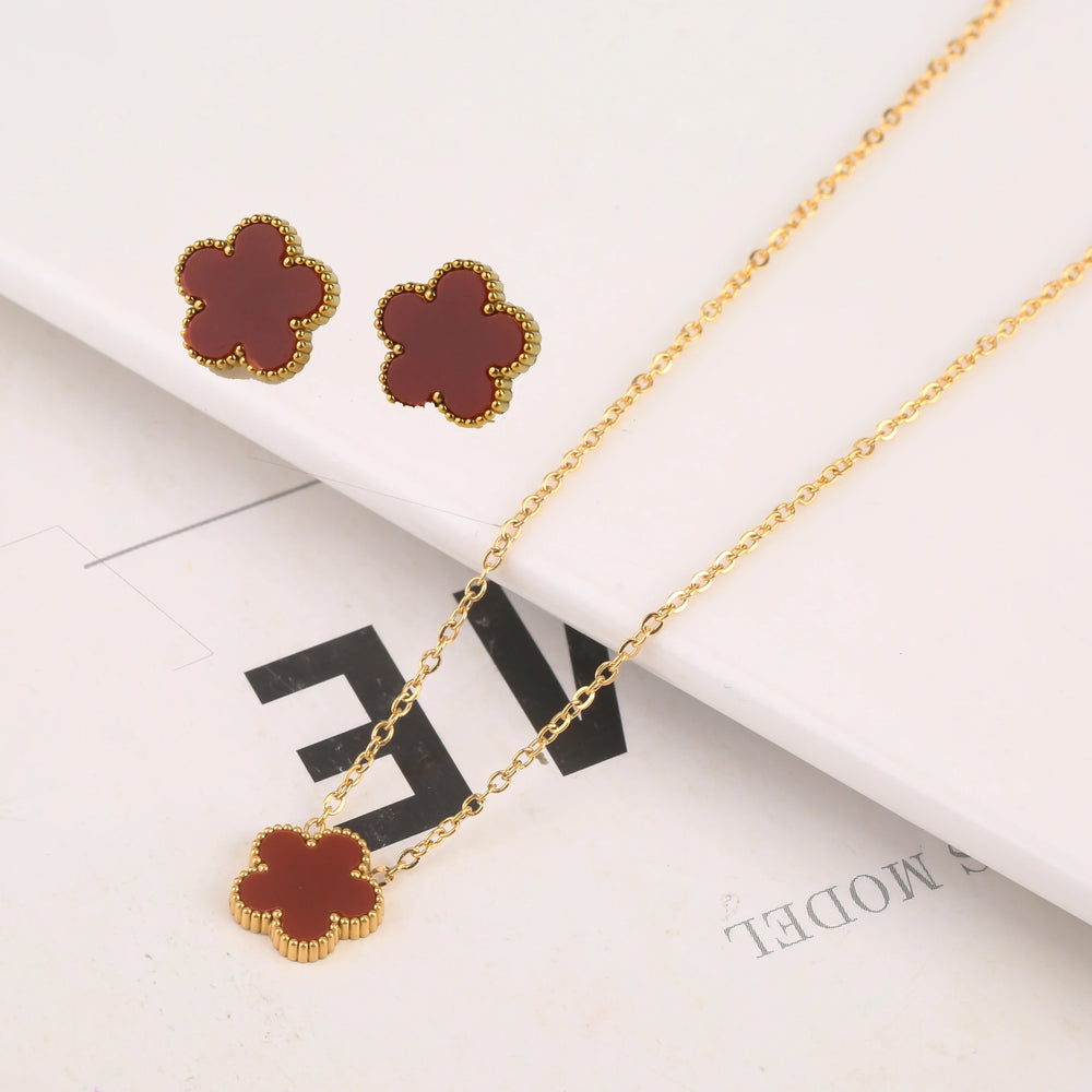 2pcs/Set Flower Stainless Steel Pendant Necklace Earrings For Women Trending New In Fashion Jewelry Set Accessories Clover