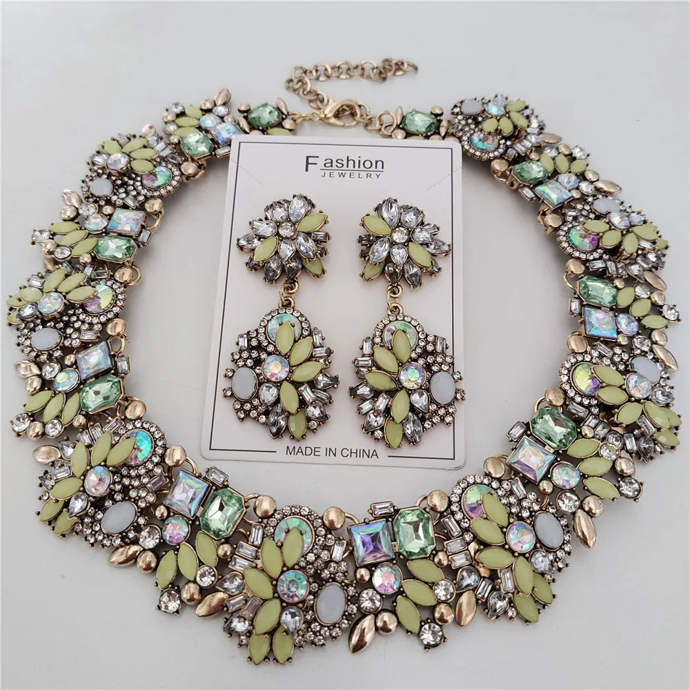 2025 New Fashion Crystal Rhinestones Large Collar Choker Necklace Earrings Women Jewelry Sets Indian Statement Wedding Necklace