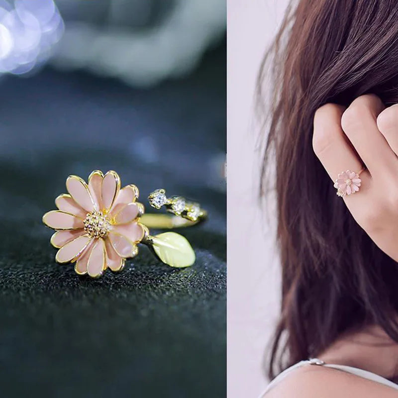 1 Pc Fashion Exquisite Flower Daisy Luxury Plant Opening Leaf Copper Gold Color Adjustable Ring Women Daily Party Gift Jewelry