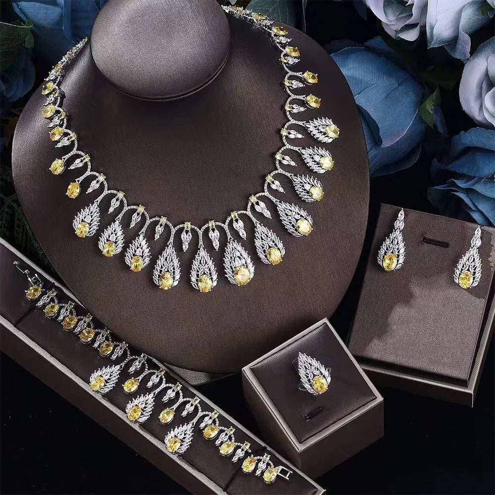 2025 Clever Dubai Water Drop 4-piece Necklace and Earring Set with Cubic Zirconia Jewelry for Women's Wedding Party Gifts