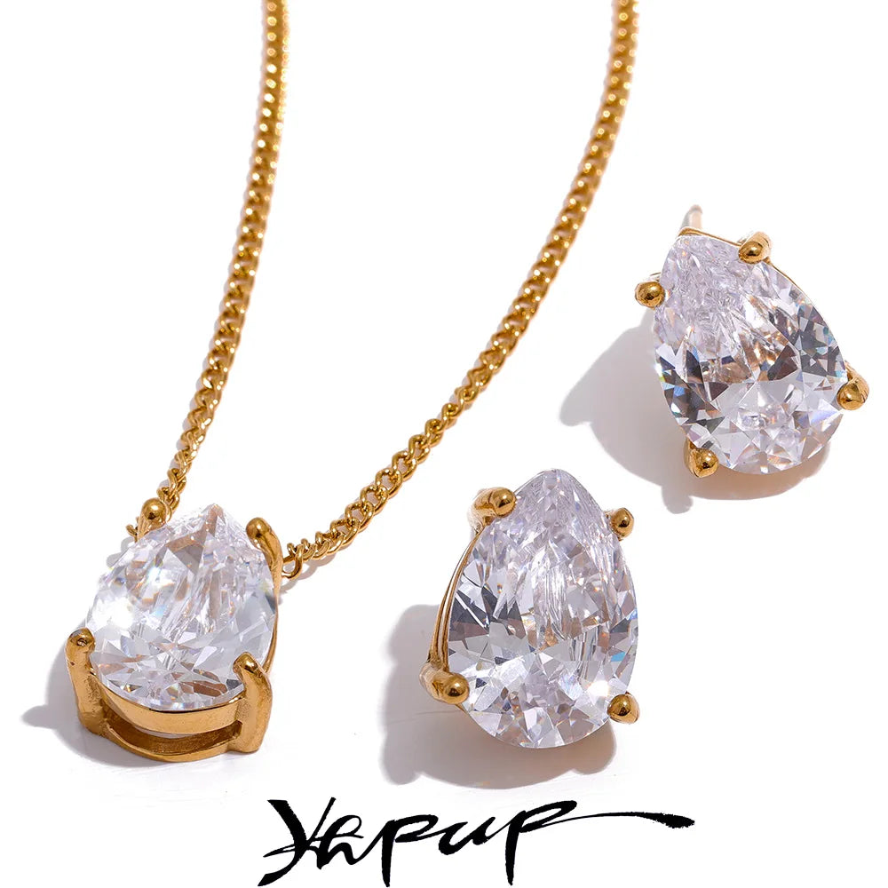 Delicate Shiny Cubic Zirconia Stainless Steel Water Drop Pendant Necklace Stud Earrings Waterproof Jewelry Chic Party Gift
