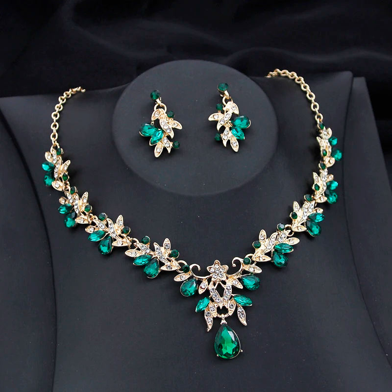 Exquisite 2 pcs set Flower Pink AB crystal bridal wedding jewelry sets for women dangle earrings and necklace sets Blue Green