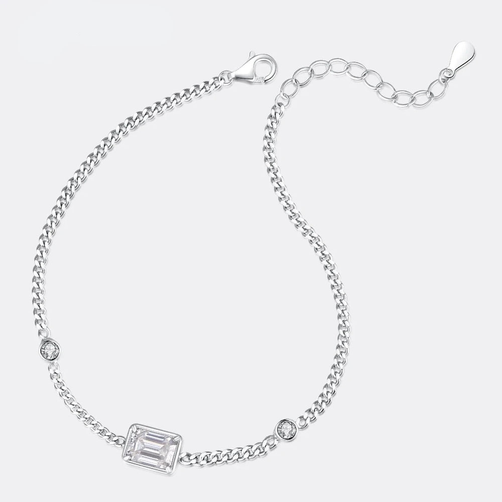 Chain Link Bracelet Moissanite 1CT Emerald Cut Real 925 Sterling Silver Women Luxury Trendy Hand Bracelets Jewelry