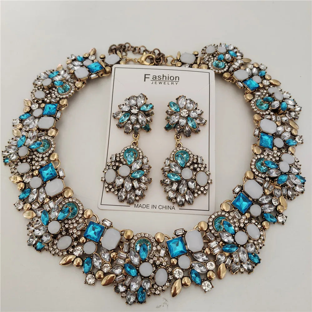 2025 New Fashion Crystal Rhinestones Large Collar Choker Necklace Earrings Women Jewelry Sets Indian Statement Wedding Necklace