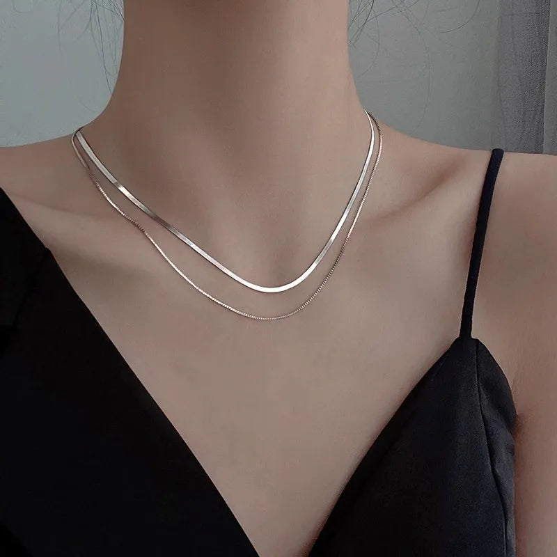 2024 S925 Silver Double Layer Box Chain Snake Clavicle Chain Necklace Female Fashion Hip-hop Retro Unique Design Fine Jewelry