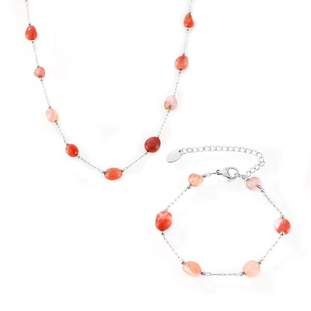 Trendy Gorgeous Nature Stones Stainless Steel Necklace Bracelet Set for Women Casual Collar Chain Charm Female Jewelry