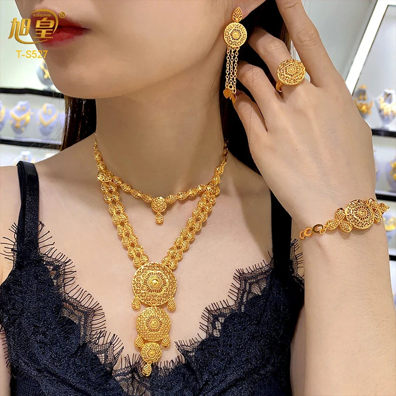 African Big Luxury 4PCS Dubai Gold Color Jewelry Necklace Sets For Women Bridal Wedding Sets 2024 Trend Jewellery Gifts