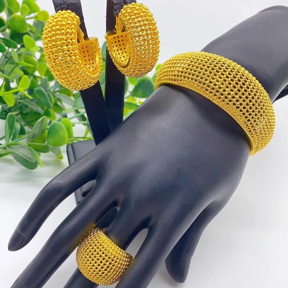 Luxury Dubai Gold Plated Bracelet Ring Earrings 3pcs Jewelry Sets For Women Wedding African Indian Jewellery Anniversary Gifts