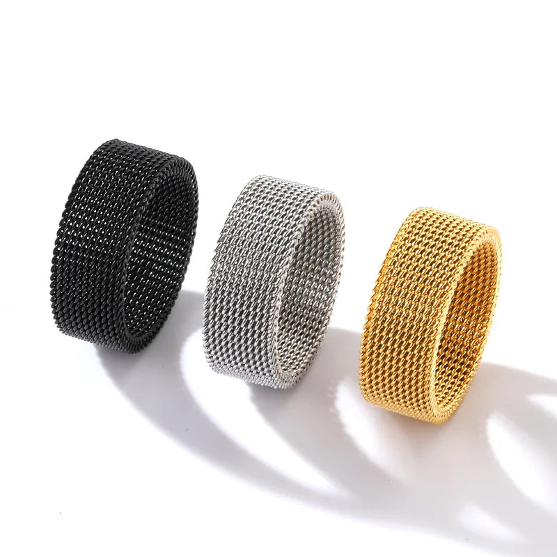 2024 New 8mm Wide Stainless Steel Rings Titanium Couple Rings Deformable Mesh Accessories for Women Men Jewelry Wedding Gift