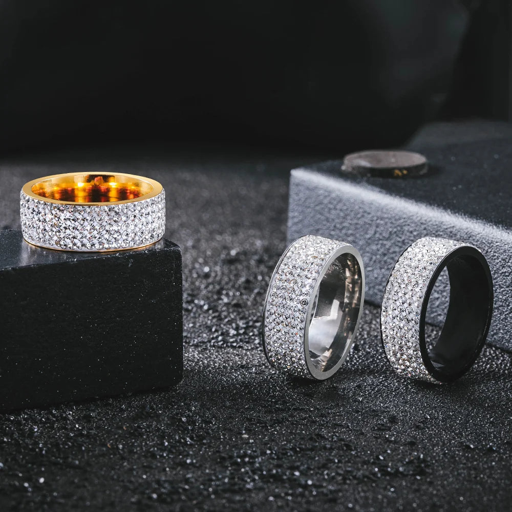 Iced Out Wedding Engagement Rings For Women Men Gold/Silver Color Stainless Steel Bling Cubic Zirconia Ring Luxury Jewelry