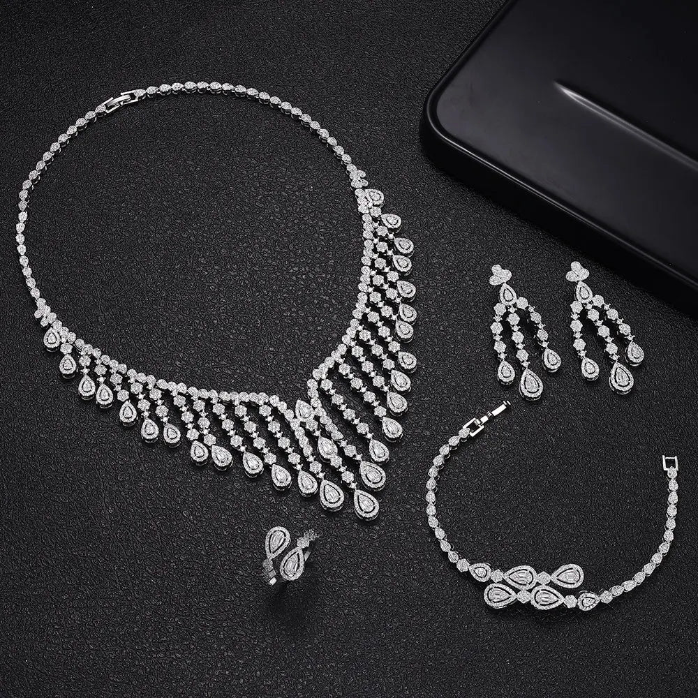 2025 New 4-piece Cubic Zirconia Bridal Wedding Set Dubai Women's Wedding Jewelry Set Nigeria Africa Necklace Earring Set