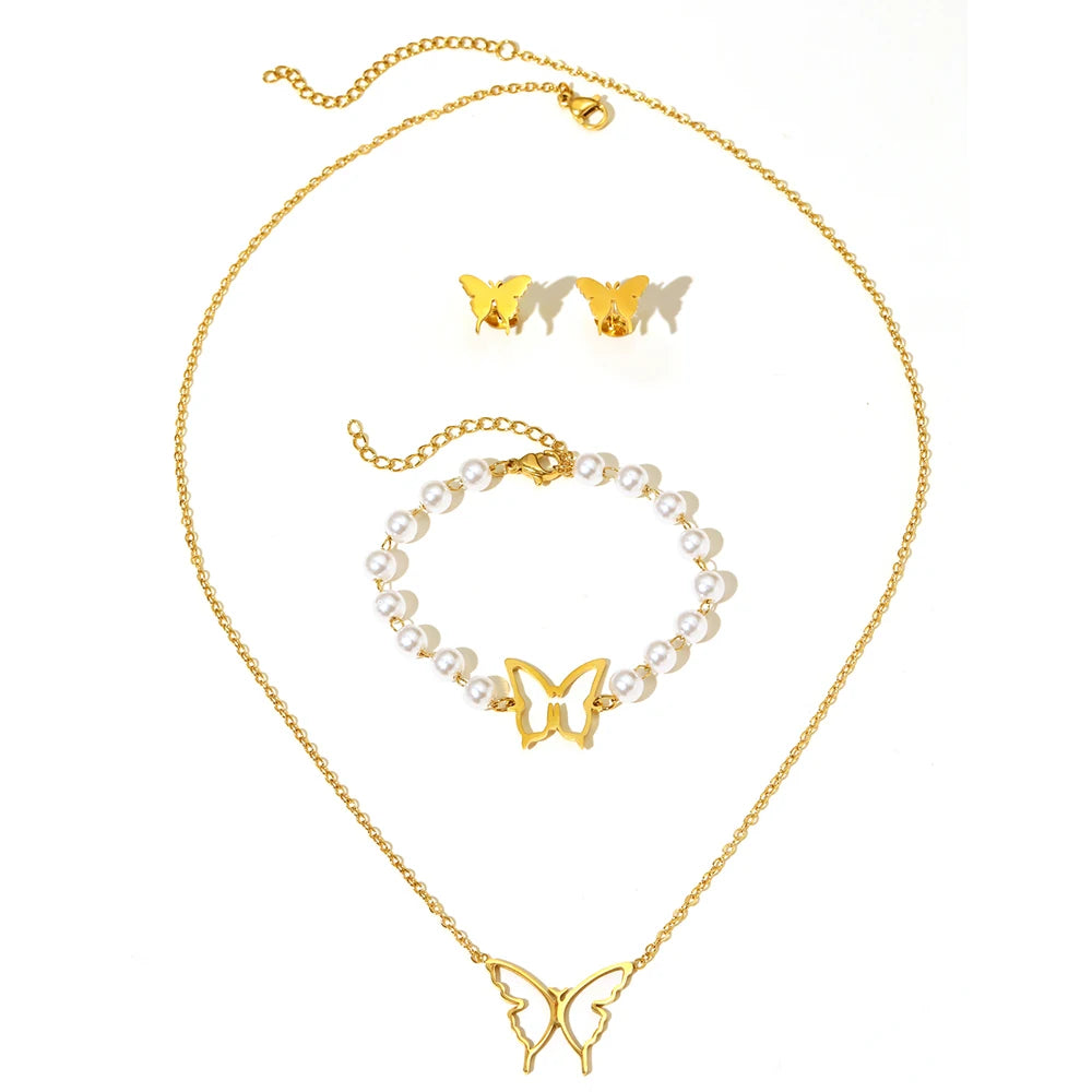 Stainless Steel Jewelry Set Necklace Earrings Pearl Bracelet Skeleton Butterfly Simple Design Jewelry Set For Women Jewelry Gift
