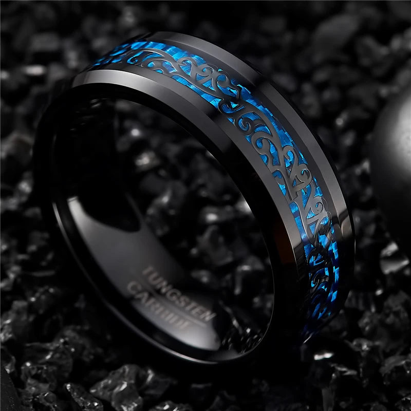 Astunning piece of men's jewelry with this black tungsten carbide ring. Plated with a sleek black finish, this 8mm wedding band features an intricate vine pattern inlaid with blue carbon fiber, adding a touch of elegance to any occasion.