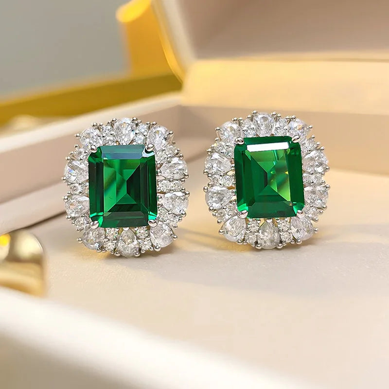 2025 New Luxury European and American French Palace Style Emerald Geometric Square Zircon 3-piece Set Necklace  Ring